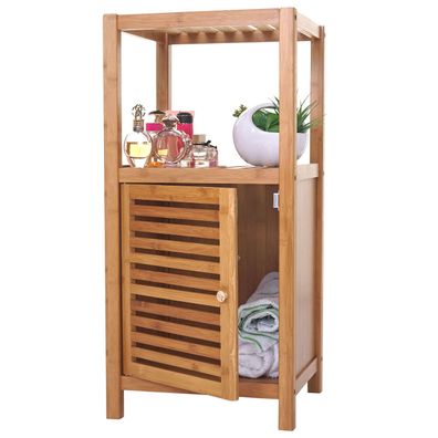 Badregal HWC-B18, Badezimmer Badschrank Standregal mit Tür, Bambus