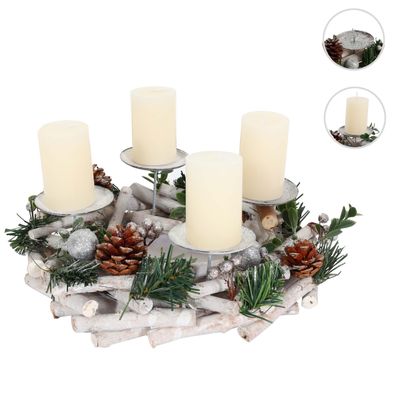 Adventskranz HWC-M12, Adventsgesteck Weihnachtsdeko Holz silber weiß Ø 30cm