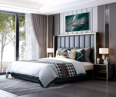 Luxus Bett Schlafzimmer Italienisches Leder Polster Doppel Betten Metall Design