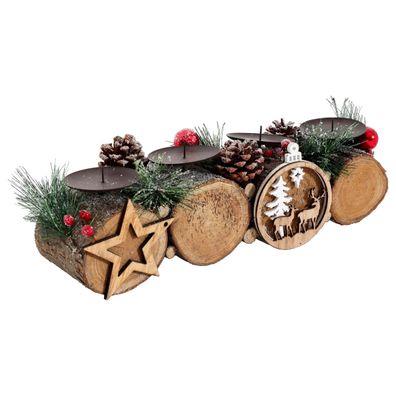 Adventsgesteck HWC-M14 mit Kerzenhalter, Adventskranz Weihnachtsgesteck Holz