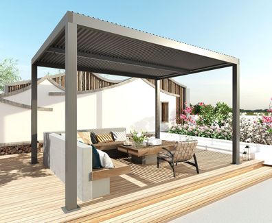 Pergola HWC-L46, Gartenpavillon, 10cm-Aluminium-Gestell, Regenrinne sturmfest, 3x3m