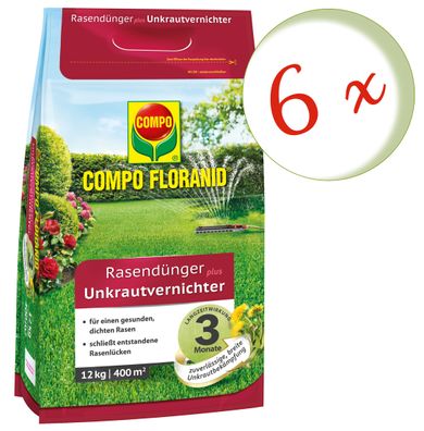 6 x COMPO Rasendünger plus Unkrautvernichter, 12 kg