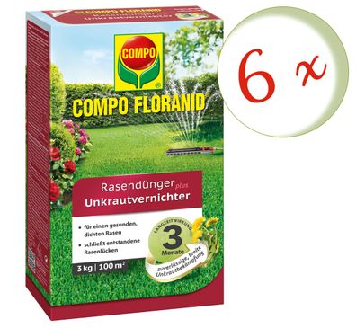 6 x COMPO Rasendünger plus Unkrautvernichter, 3 kg