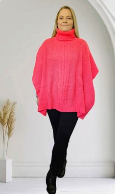 Strickponcho Poncho Überwurf Oversize Rollkragen Viskose Wolle Pink one size