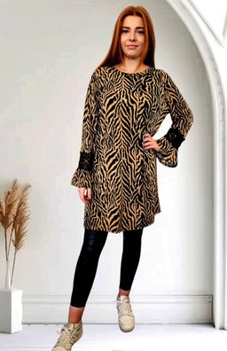 Italy 38 40 42 Kofferkleid Kleid langarm Spitzeneinsatz Animalprint Camel/Schwarz