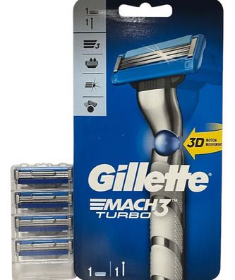 5 Gillette MACH3 Turbo Rasierklingen, + Rasierer 3D, Original Klingen