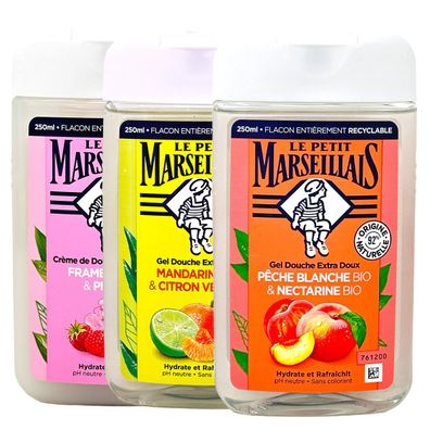 Le Petit Marseillais Duschgel 3er Set ‘Fruchtig’ – Pfirsich, Himbeere, Mandarine