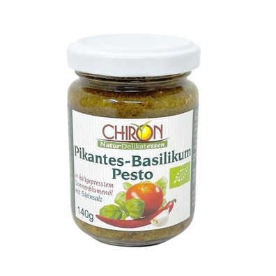 MHD 03.2024 CHIRON Bio Pikantes-Basilikum Pesto (kbA) – Intensive Aromen 140g-Glas