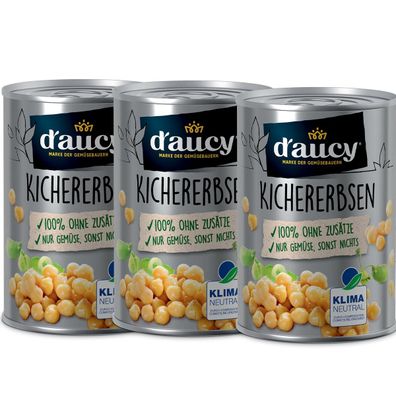 d'aucy Kichererbsen, 3x110g Dosen, ohne Salz & Zucker, ohne Konservierungsstoffe