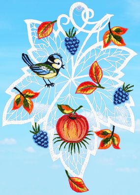 Plauener Spitze Fensterbild Herbst Blatt Vogel 29 cm Fensterdekoration Halloween