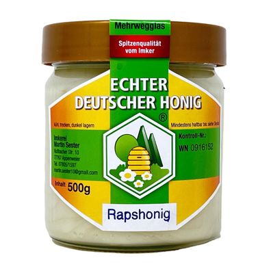 Echter Deutscher Honig "Rapshonig" 500g Glas - Wanderimkerei Martin Sester