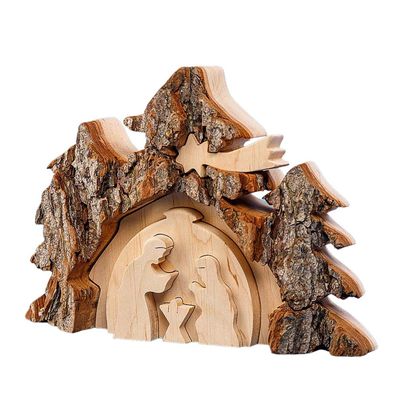 3D Weihnachtskrippe: Handgefertigte Holzdeko mit Rindenakzent, 3D-Optik, 18x14cm