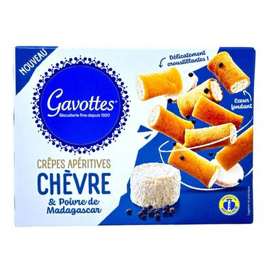 Knusprige Gavottes Crêpes Apéritives Chèvre mit Ziegenkäse und Madagaskar Pfeffer