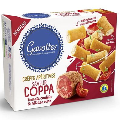 Knusprige Gavottes Crêpes mit Coppa, kandierten Tomaten und Bärlauch