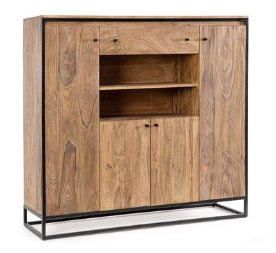 Highboard Nartan 145x40x136cm Sheeshamholz Natur Stahlgestell Türen u Schubladen