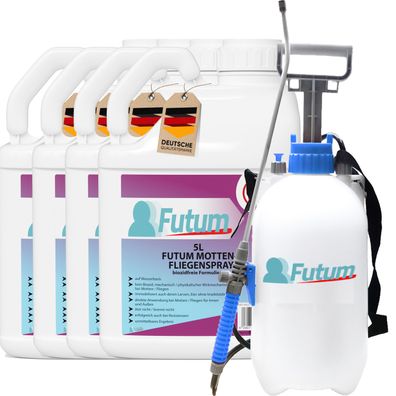 FUTUM 4x5L Mottenspray / Fliegenspray Motten bekämpfen Fliegen Abwehr + 5L Sprüher