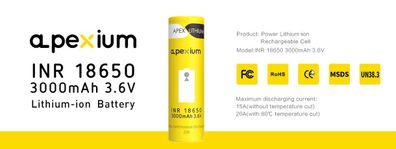 apexium - INR18650 - 3,6 Volt 3000mAh [20A] Li-Ion