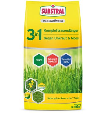 SUBSTRAL® 3in1 Komplett Rasendünger gegen Unkraut & Moos, 14 kg für 400 m²