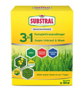 SUBSTRAL® 3in1 Komplett Rasendünger gegen Unkraut & Moos, 3,6 kg für 100 m²