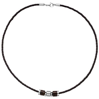 X-Mas SALE: Collier Halskette Leder schwarz mit Edelstahl und Holz 45 cm Kett