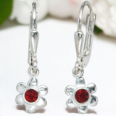 Kinder Boutons Blume 925 Silber 2 rote Glassteine Ohrringe Ohrhänger