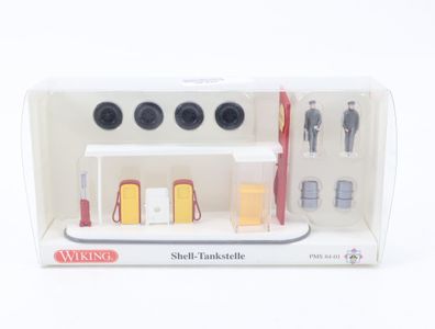 Wiking H0 84-01 Modellauto Shell-Tankstelle mit Reifen und Figuren 1:87