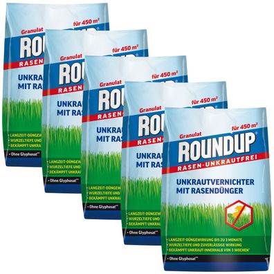 5 x ROUNDUP® Rasen-Unkrautfrei 2in1, Unkrautvernichter mit Rasendünger, 9 kg