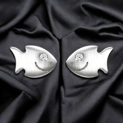 Kinder Ohrstecker Fisch 925 Sterling Silber matt 2 Zirkonia Ohrringe