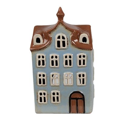 Clayre & Eef Teelichthalter Haus 13x9x22 cm Blau Braun Keramik (Gr. 13x9x22 cm)