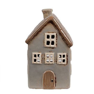 Clayre & Eef Teelichthalter Haus 9x9x16 cm Grau Braun Keramik (Gr. 9x9x16 cm)