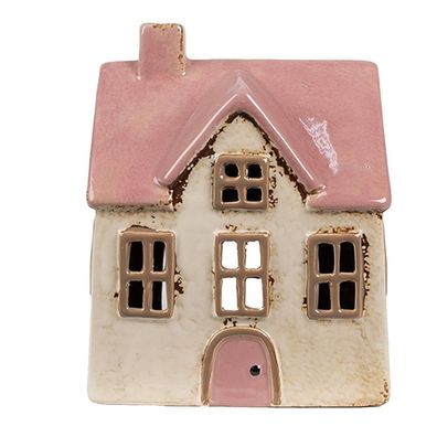 Clayre & Eef Teelichthalter Haus 13x10x16 cm Beige Rosa Keramik (Gr. 13x10x16 cm)