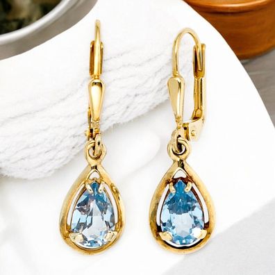 Boutons Tropfen 333 Gold Gelbgold 2 Spinelle hellblau blau Ohrringe Ohrhänger