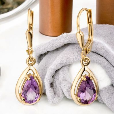 Boutons Tropfen 333 Gold Gelbgold 2 Amethyste lila violett Ohrringe Ohrhänger