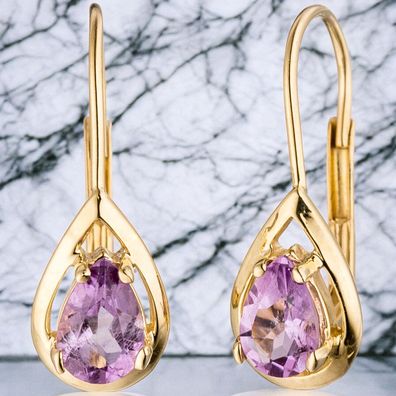 Boutons Tropfen 333 Gold Gelbgold 2 Amethyste lila violett Ohrringe Ohrhänger