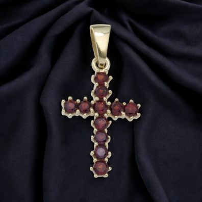 Anhänger Kreuz 333 Gold Gelbgold 11 Granate rot Kreuzanhänger Granatkreuz