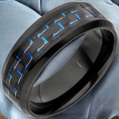 Herren Ring Edelstahl schwarz beschichtet mit Carbon Einlage blau