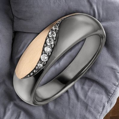 Damen Ring 925 Sterling Silber schwarz und roségold bicolor 6 Zirkonia