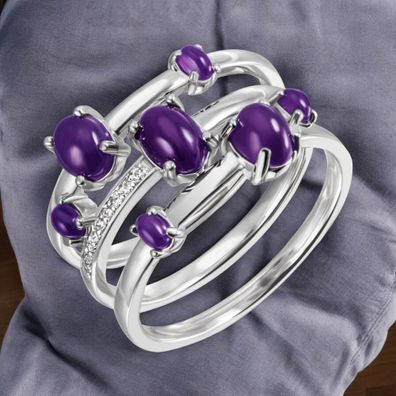 Damen Ring breit 925 Sterling Silber 7 Amethyst-Cabochons lila 9 Zirkonia