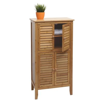 Badezimmerschrank HWC-B18, Regal Kommode, 4 Türen Bambus 100x50x30cm