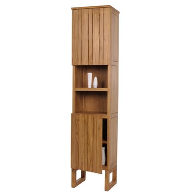 Teak-Hochschrank HWC-M73, Badschrank, 2 Türen 6 Fächer 181x40x35cm