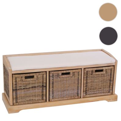 Sitzbank Bienne, Aufbewahrungsbox, 3 Körbe, Kubu-Rattan-Geflecht, 112x46x37cm