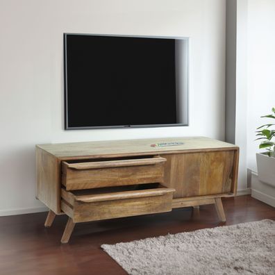 TV-Rack HWC-L96, Fernsehtisch Lowboard, Schubladen Massiv-Holz Mango 46x110x35cm