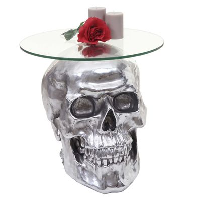 Beistelltisch Totenkopf HWC-A19, Polyresin Glastisch, silber, 52x55x55cm