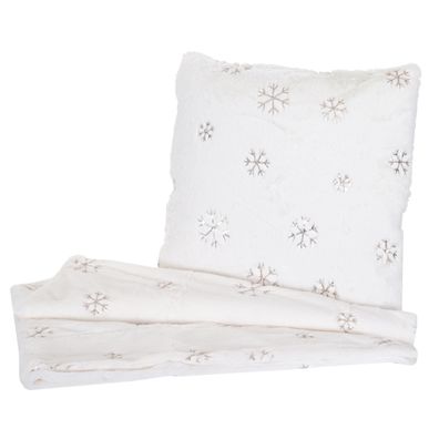 Set Wohndecke + Deko-Kissen Schnee, Kuscheldecke Zierkissen+Füllung, Pailletten