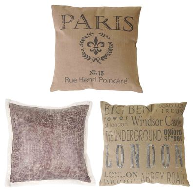 3er Set Deko-Kissen London + Paris + Wildlederimitat, Zierkissen mit Füllung 45x45cm