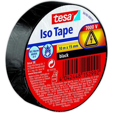 tesa Isolierband schwarz Schutz vor Spannung Iso Tape 10 m x 15 mm