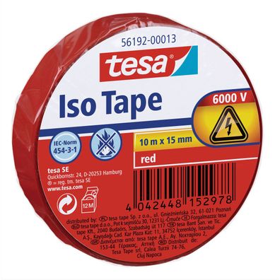 tesa Isolierband rot selbstklebend zuverlässig Rolle 10 m x 15 mm