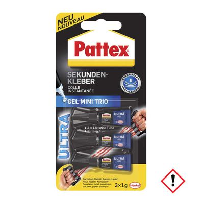 Pattex Sekundenkleber Ultra Gel Mini Trio Klebt sofort Wasserfest 3g