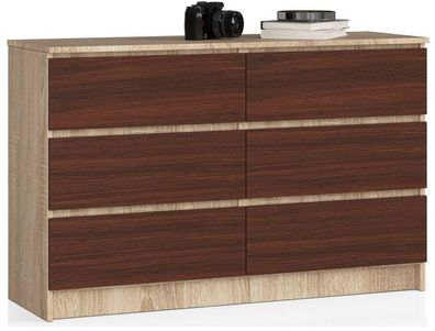 Kommode AKORD K120 Sonoma-Eiche 120 cm 6 Schubladen Front Wenge B120 x H77 x T40 cm