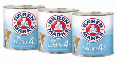 Bärenmarke 946277 Kaffeesahne Leichte Kaffee-Milch 4% Fett - 3 Dosen à 170 g